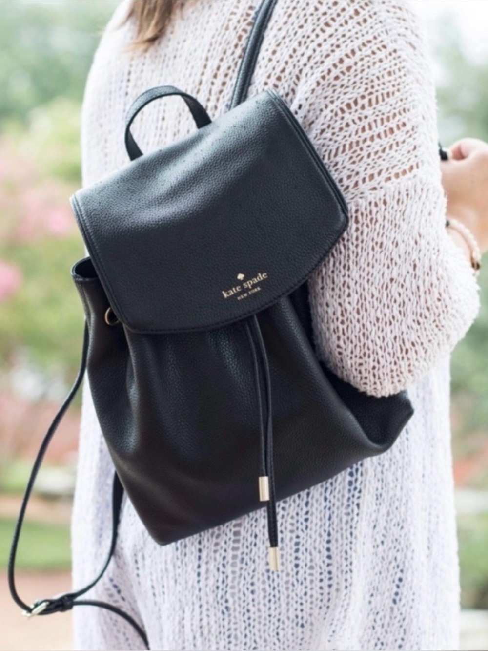 kate spade Mulberry Street Breezy Black Pebbled Leather Backpack with Flap